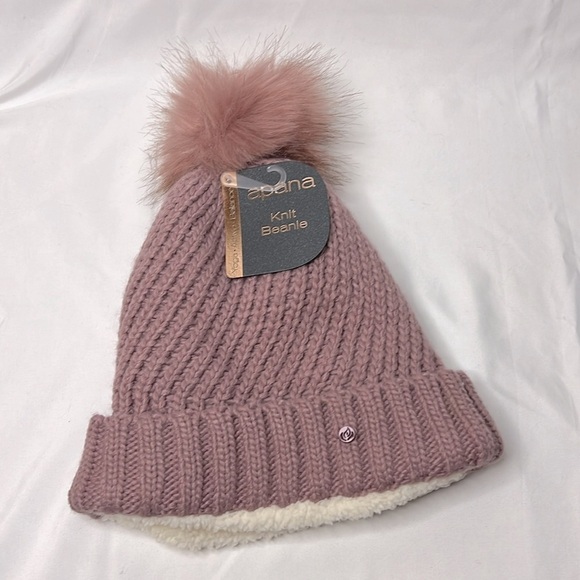 Apana Women’s Dusty Mauve Dusty Rose Cable Knit Pom Beanie Ivory Fleece Interior - Picture 3 of 8